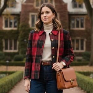 VTG Preppy Heritage Plaid Wool-Blend Blazer with Gold Tone Buttons| Size 12